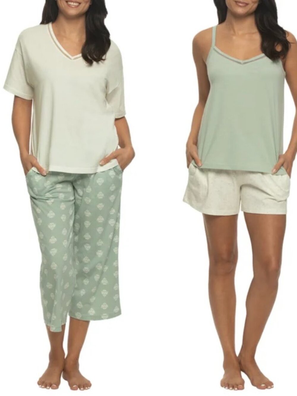 Felina Women's Cotton 4-piece PJ Set, Green (Whisper White/Aqua Gray)